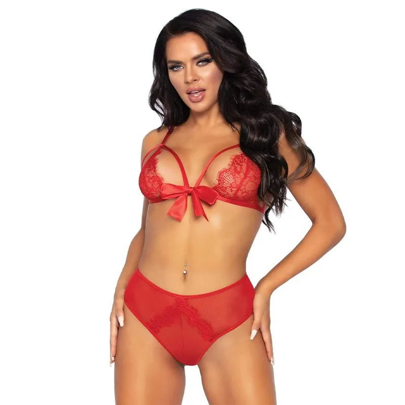 2-Piece Eyelet Strappy Bralette Front Closure Ribbon Detail And Matching Peek-A-Boo Panty OS Red