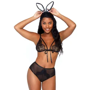 3 PC Bedroom Bunny. includes eyelash lace cage strap bra top. cheeky backless panty with fluffy tail. and ear headband.