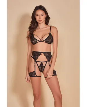 All Eyes On Me Eyelash Lace Bralette. Garterbelt & Strappy G-string Black