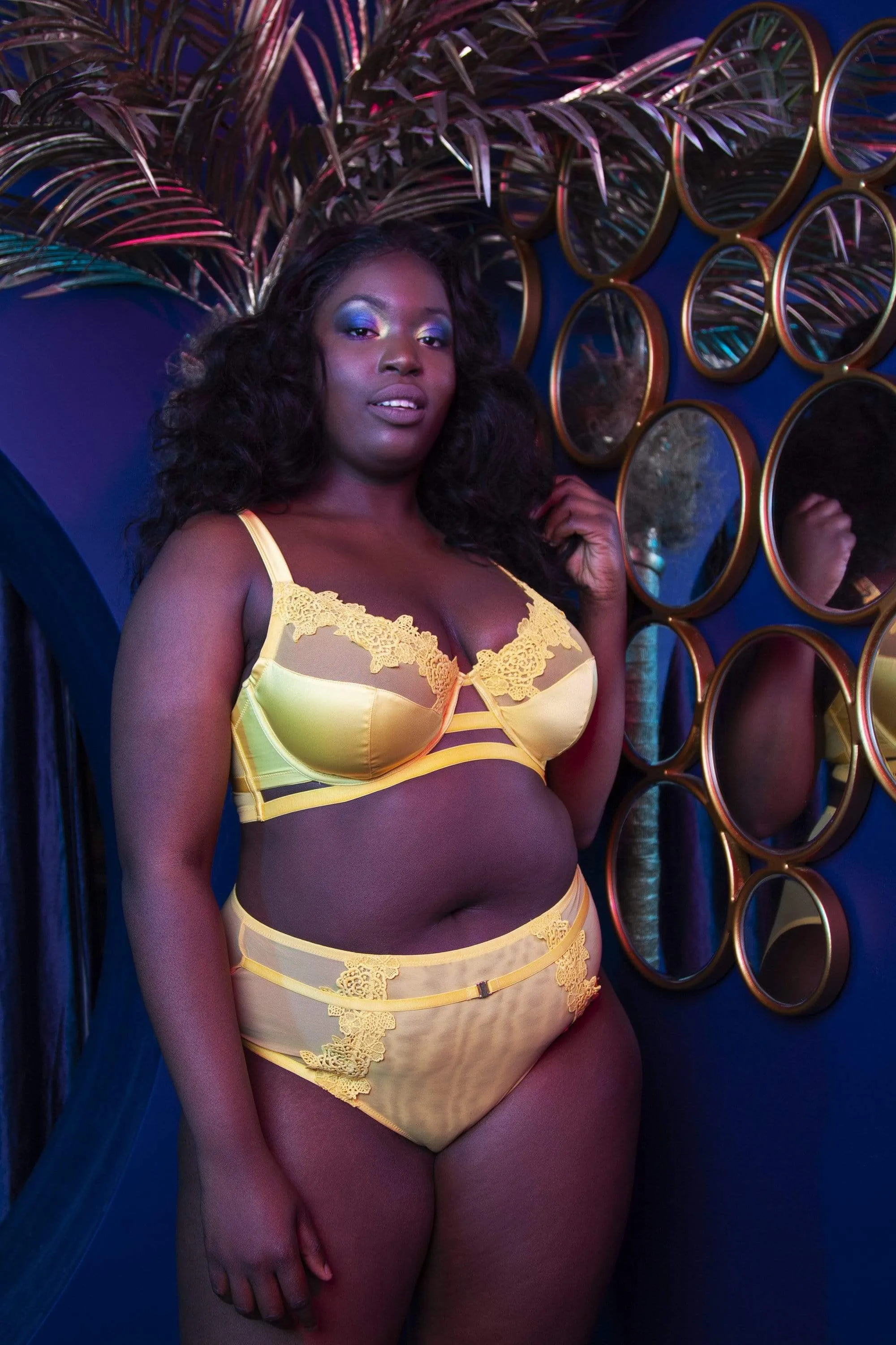 Vivienne Mustard Net Satin and Lace High Waist Brief